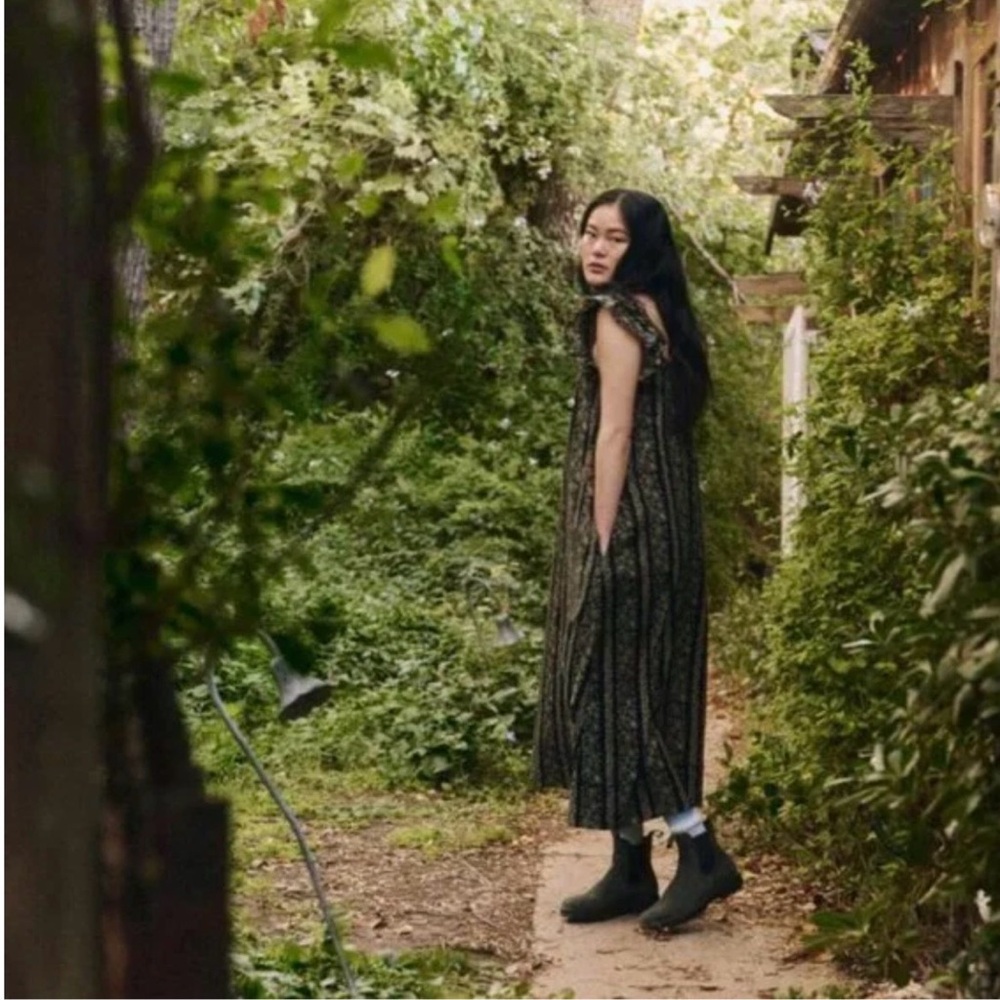 THE GREAT. The Cascade Dress. Black and Cream, Floral Ruffle-Strap Maxi Dress.